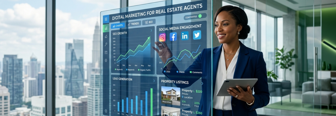 how digital marketing helps real estate agents generate consistent leads using SEO, content marketing, Google Business Profile, email marketing, PPC, and video marketing.